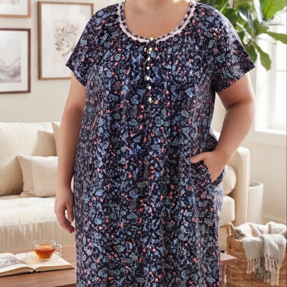 Aria Collection Navy, Blue and Pink Floral Nightgown with Pockets
